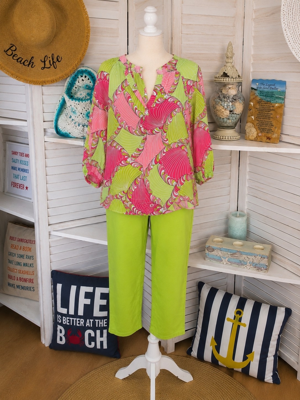 Crown & Ivy SET- Pink and Lime Swirl Print Blouse & Lime Pants SZ L - Picture 2 of 12